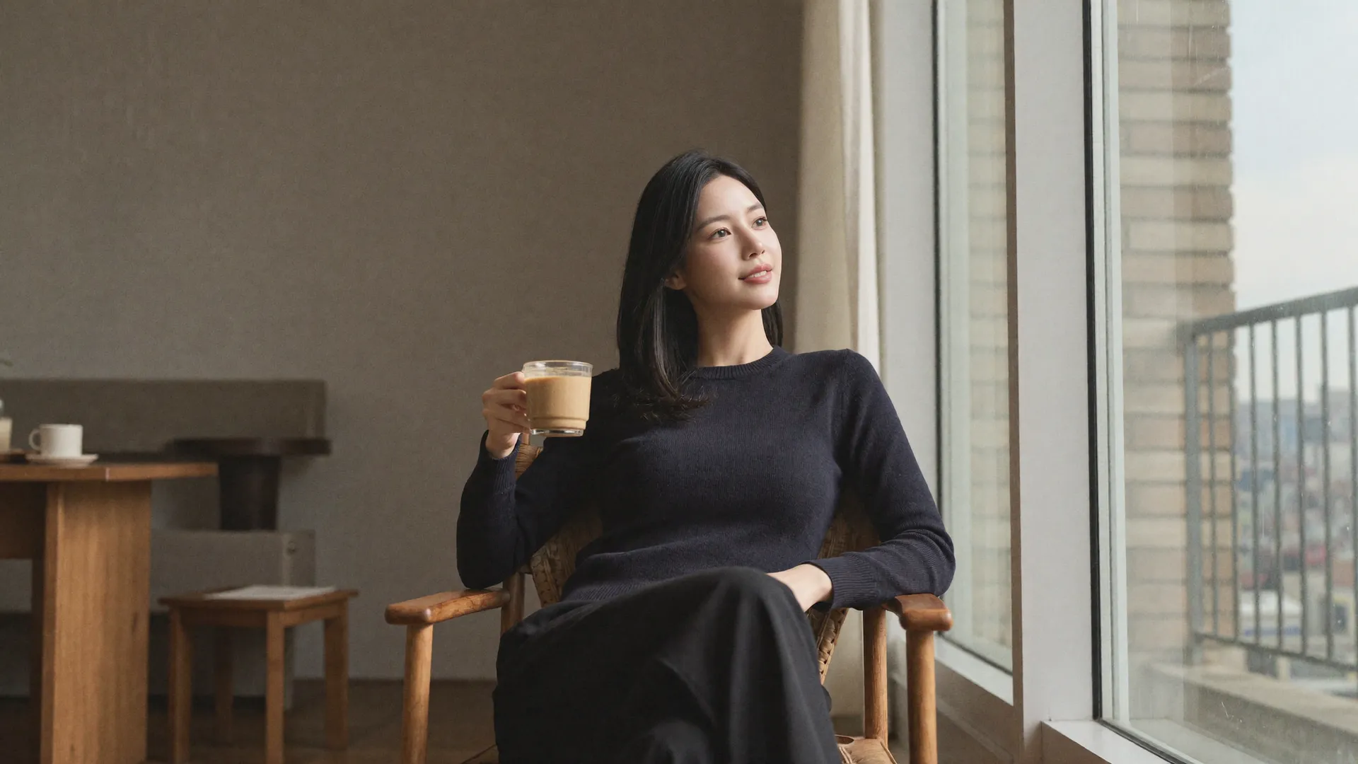 A financially savvy investor at home with a coffee, calm and considered, looking out over the city.