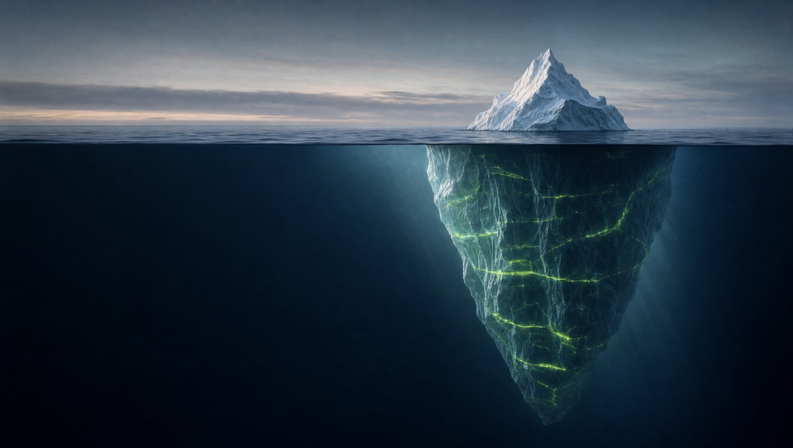 An iceberg cut away at the waterline: a small white tip above calm water, and a far larger mass below the surface traced with thin green lines, standing for the screener above and the book-level tools and founder's console beneath